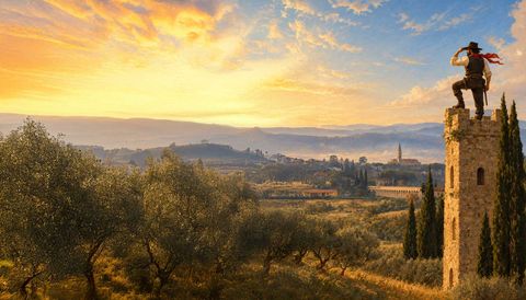 Gnicche, in piedi in cima alla sua torre tra i cipressi, guarda Arezzo e l'acquedotto
